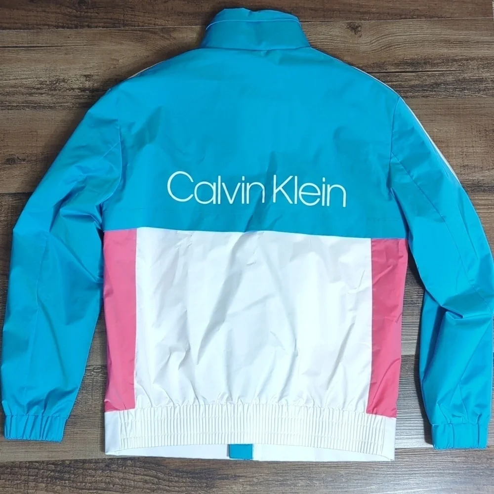 Calvin Klein Color Block Track Jacket, Spell Out, Hidden Hood, Vented Back, Med